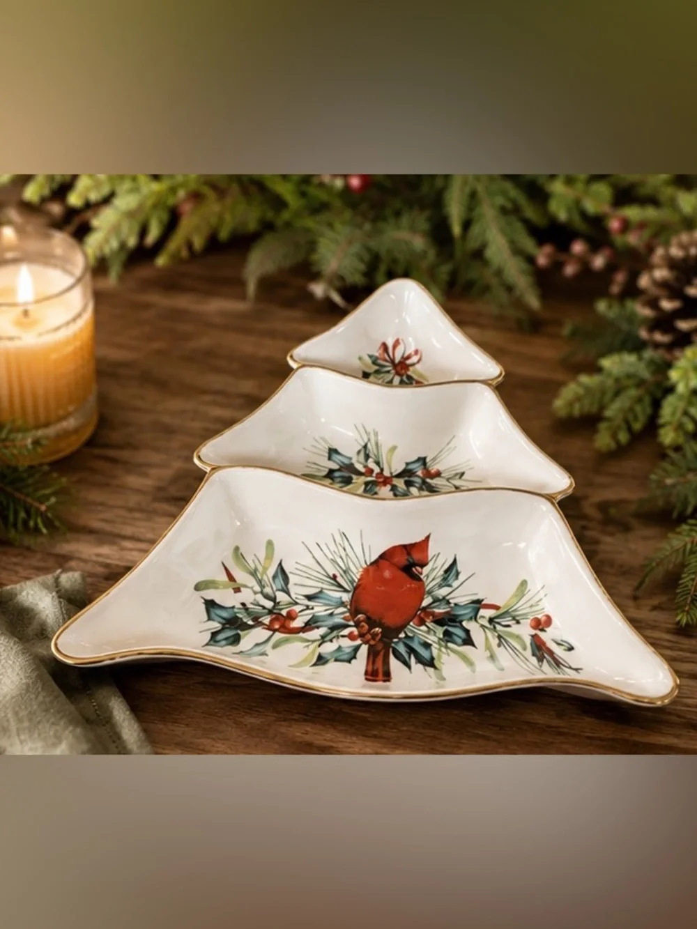 Lenox Winter Greetings Cardinal 3-Tier Christmas Tree Candy Dish Gold Trim Bowl